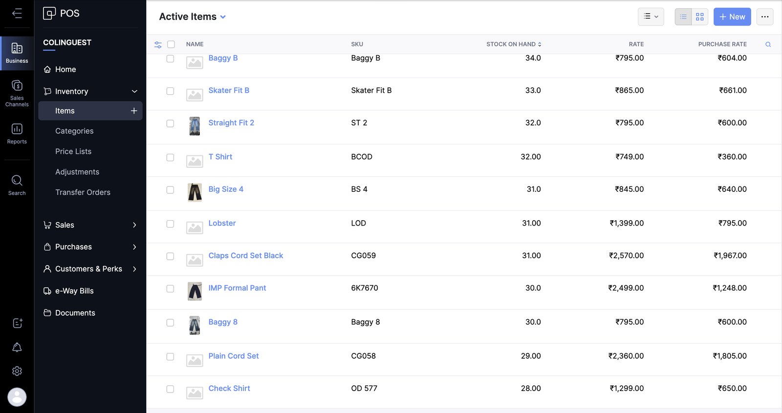 Colin Guest items with SKUs and stock on hand in Zoho POS