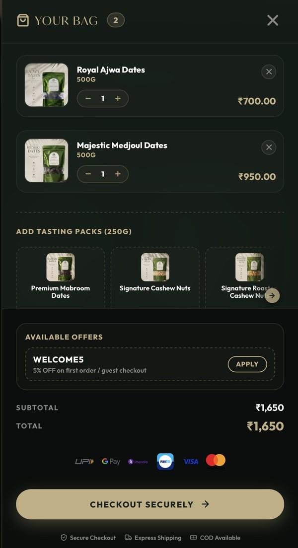 Feza Dates on mobile: Bag with tasting pack add-ons and offers