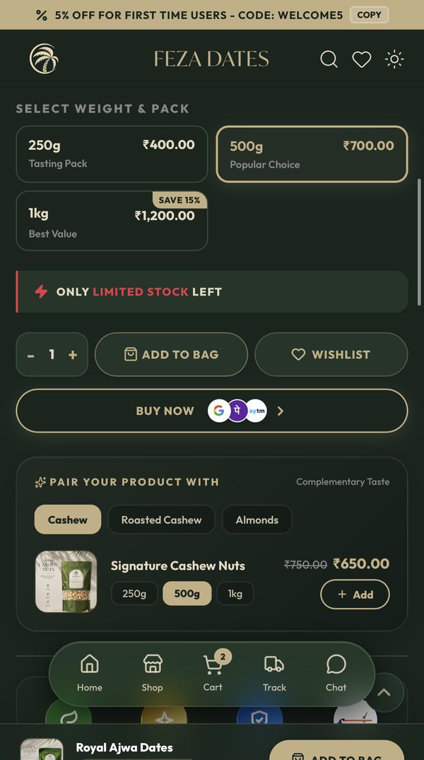 Feza Dates on mobile: Weight and pack selection with one-tap UPI