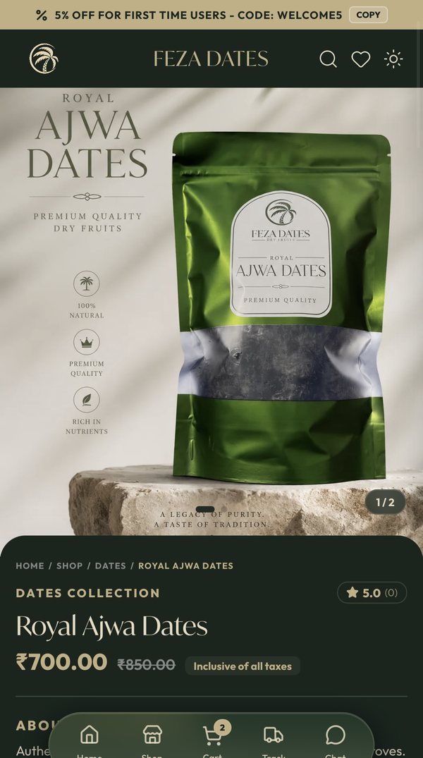 Feza Dates on mobile: Royal Ajwa Dates product page