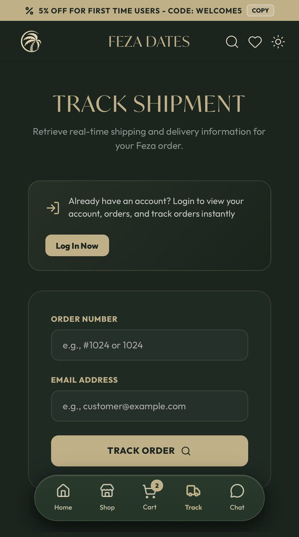 Feza Dates on mobile: Track Shipment page